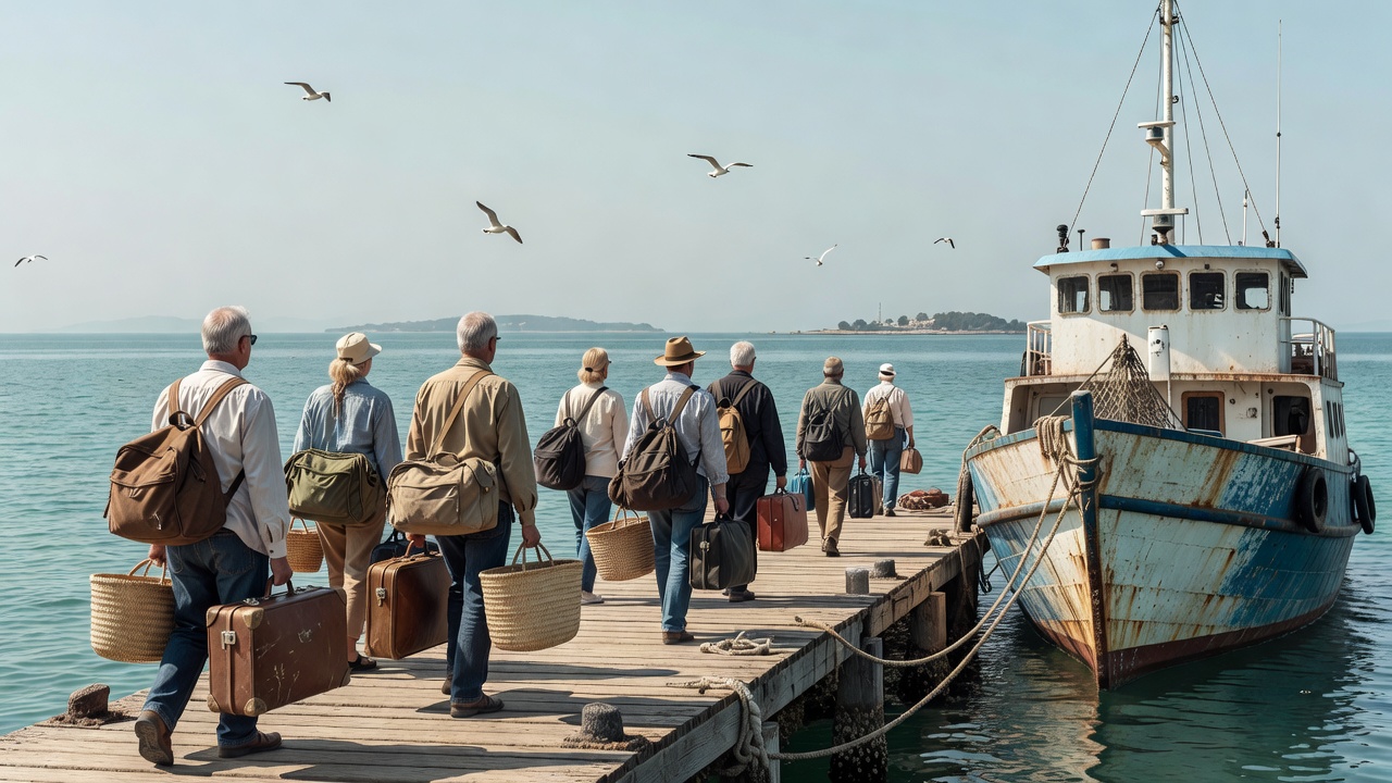 Passengers carrying bags towards a local island ferry in natural light
