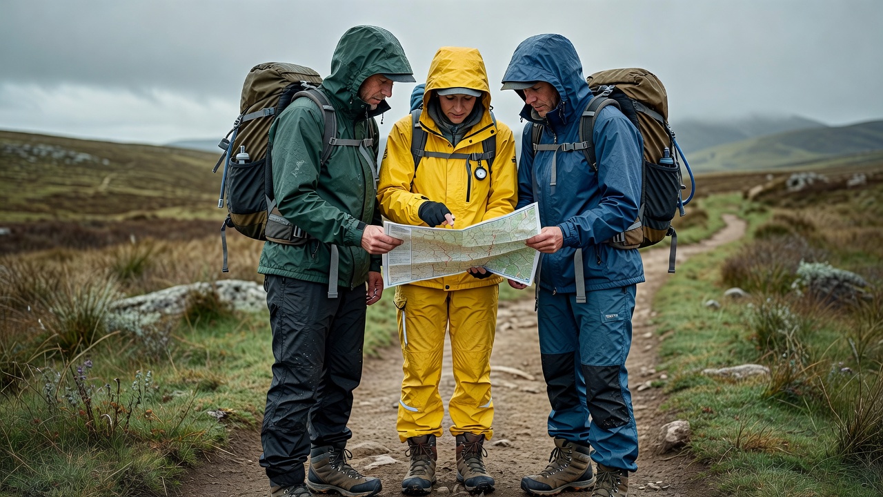Walkers checking a paper map and waterproof clothing before an outdoor route