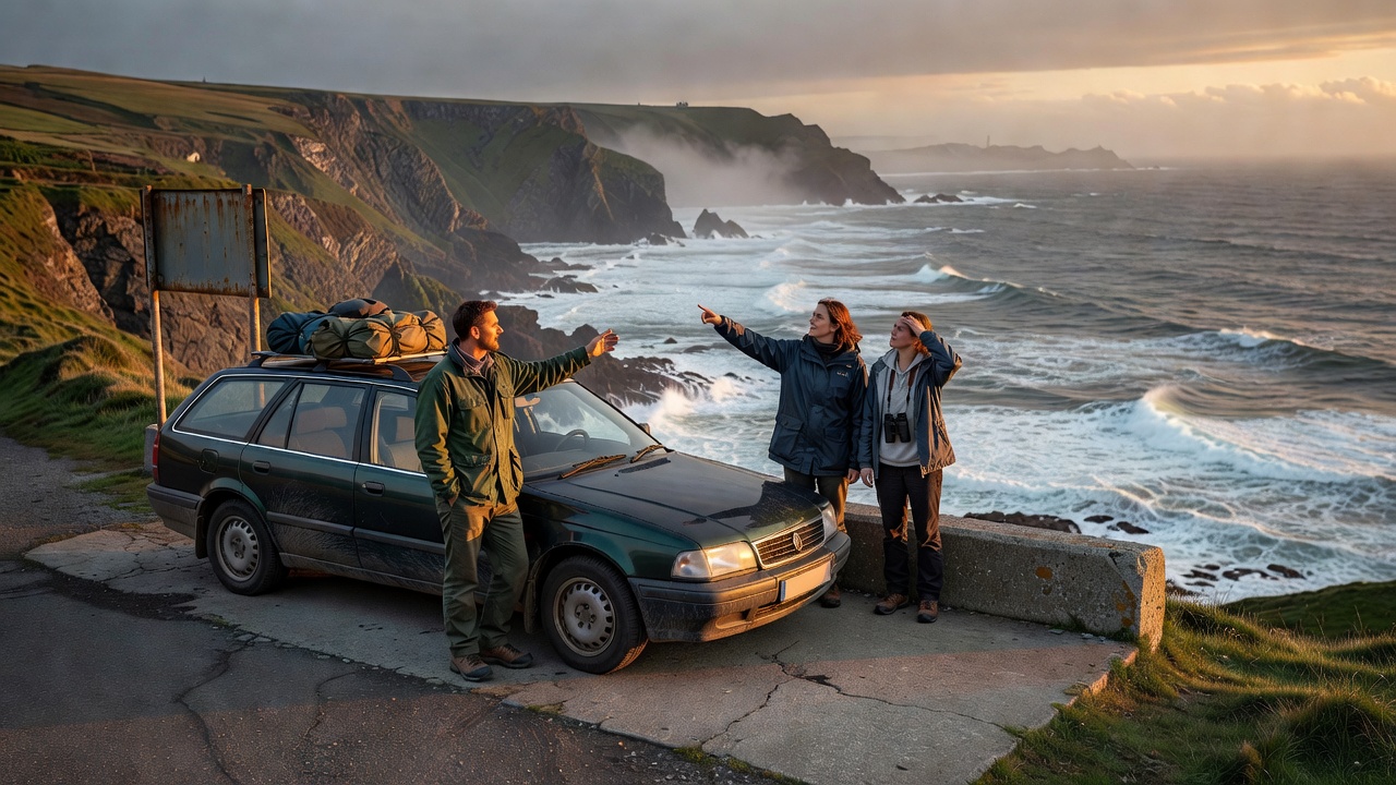 Travellers standing beside their parked car in a designated coastal viewpoint